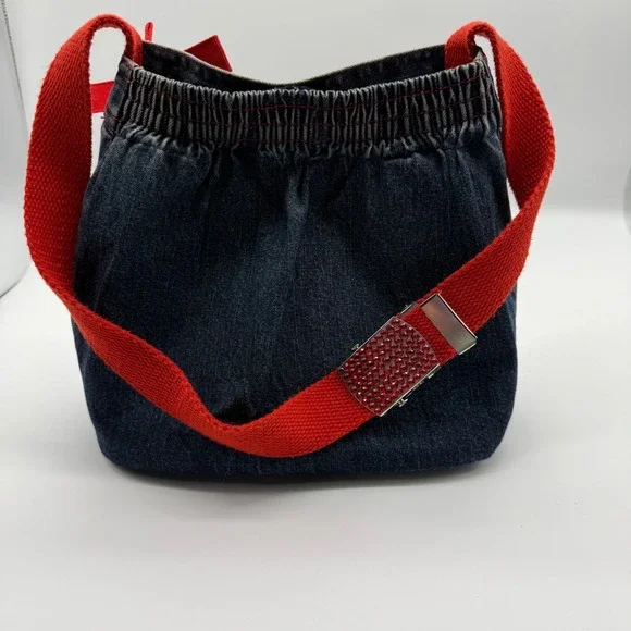 Handmade Denim‎ Jean Purse Red Trim Bow Accent Snap Closure - Picture 4 of 14